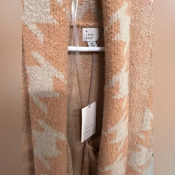 ❌SOLD❌ A New Day Peach & Cream Houndstooth Open Sweater Cardigan Jacket Long - Picture 5 of 10